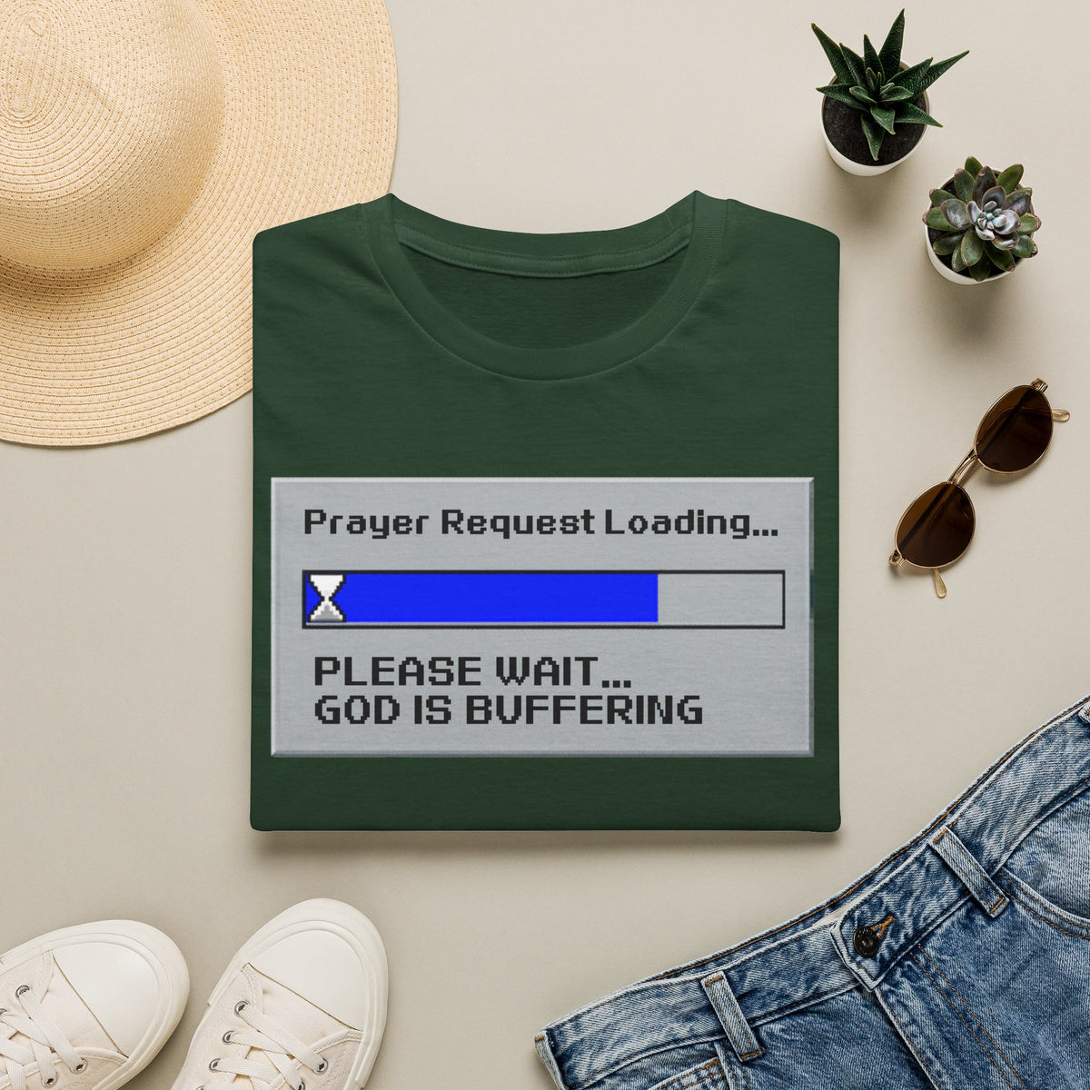 Prayer Request Loading T-Shirt — "Please Wait... God Is Buffering" Christian Graphic Tee