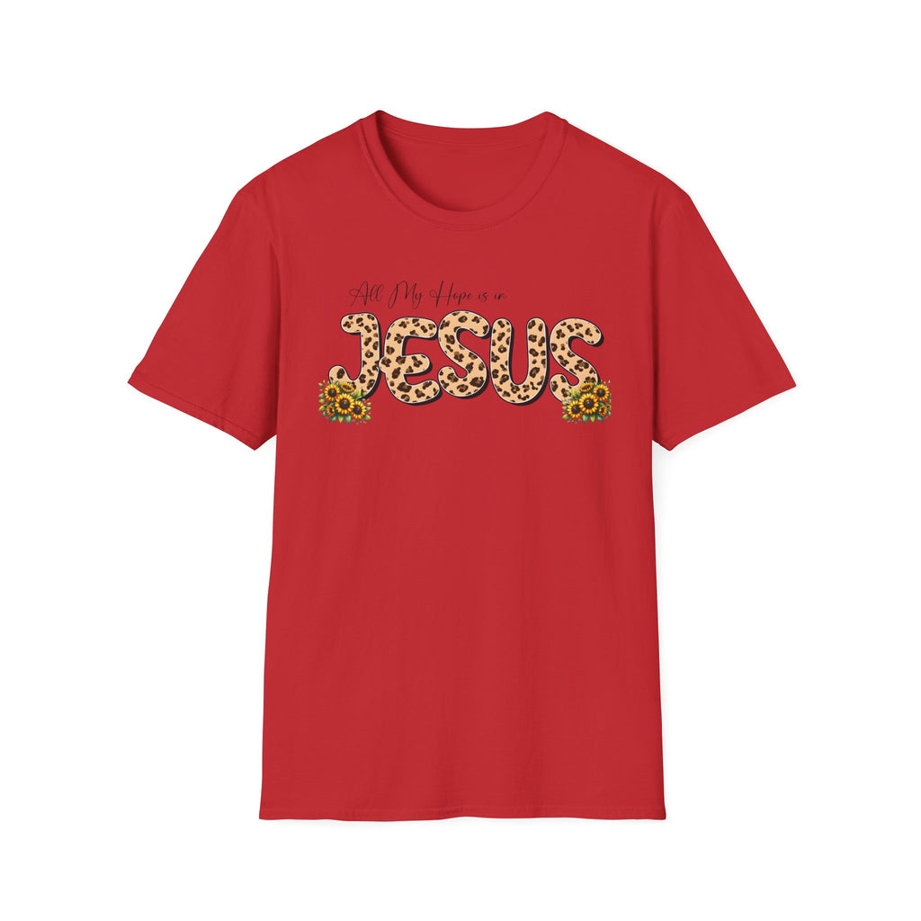 Jesus Leopard Print T-Shirt — "All My Hope Is In Jesus" Floral Faith Tee