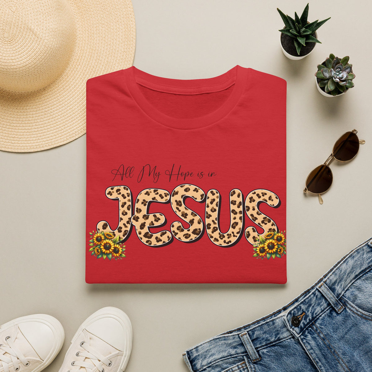 Jesus Leopard Print T-Shirt — "All My Hope Is In Jesus" Floral Faith Tee