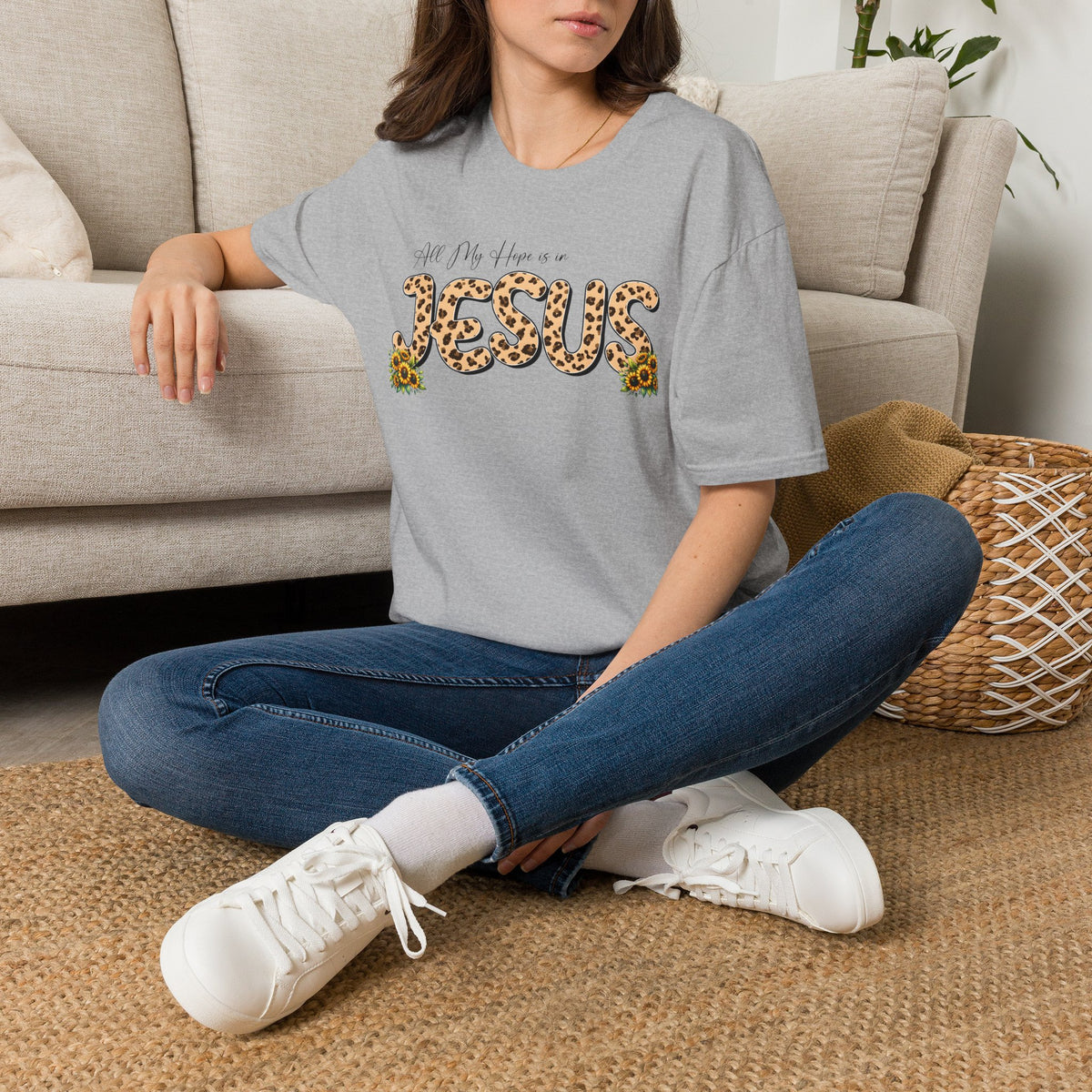Jesus Leopard Print T-Shirt — "All My Hope Is In Jesus" Floral Faith Tee