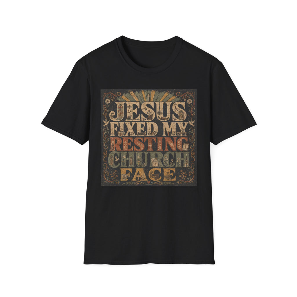 Christian Graphic T-Shirt — "Jesus Fixed My Resting Church Face" Vintage Faith Tee
