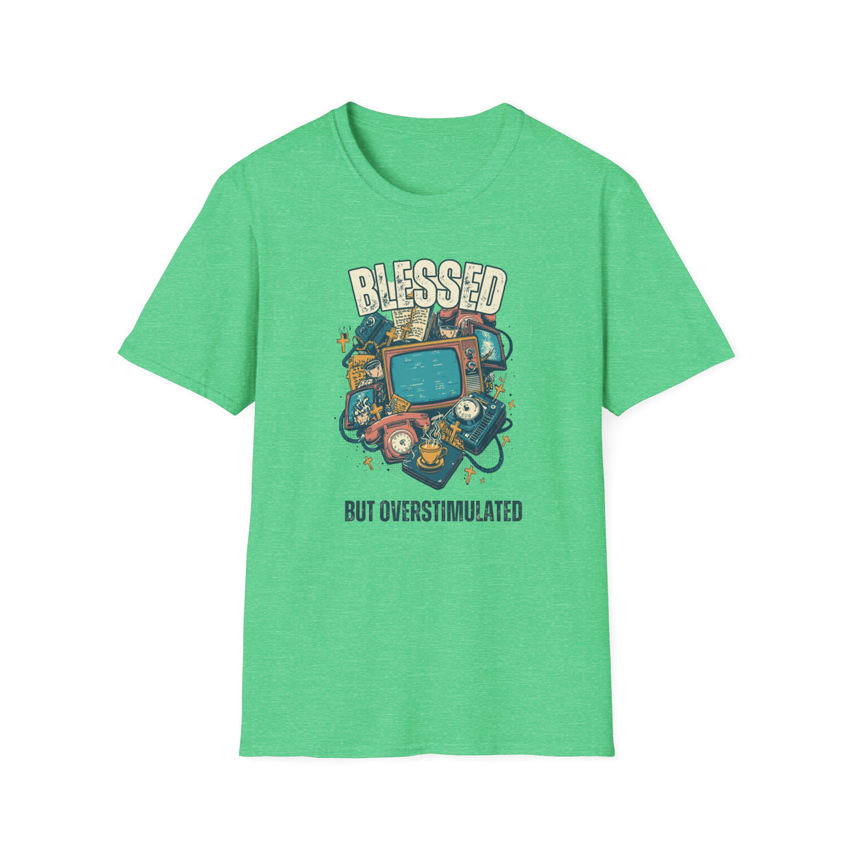 Blessed But Overstimulated T-Shirt — Retro Cozy Graphic Tee for Busy Moms & Millennials