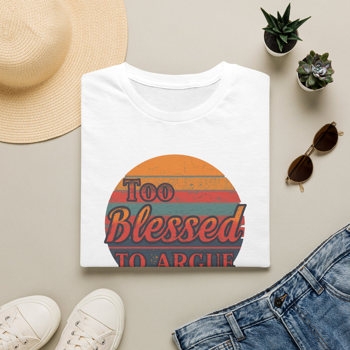 Too Blessed To Argue T-Shirt — Retro Sunset Faith Graphic Tee