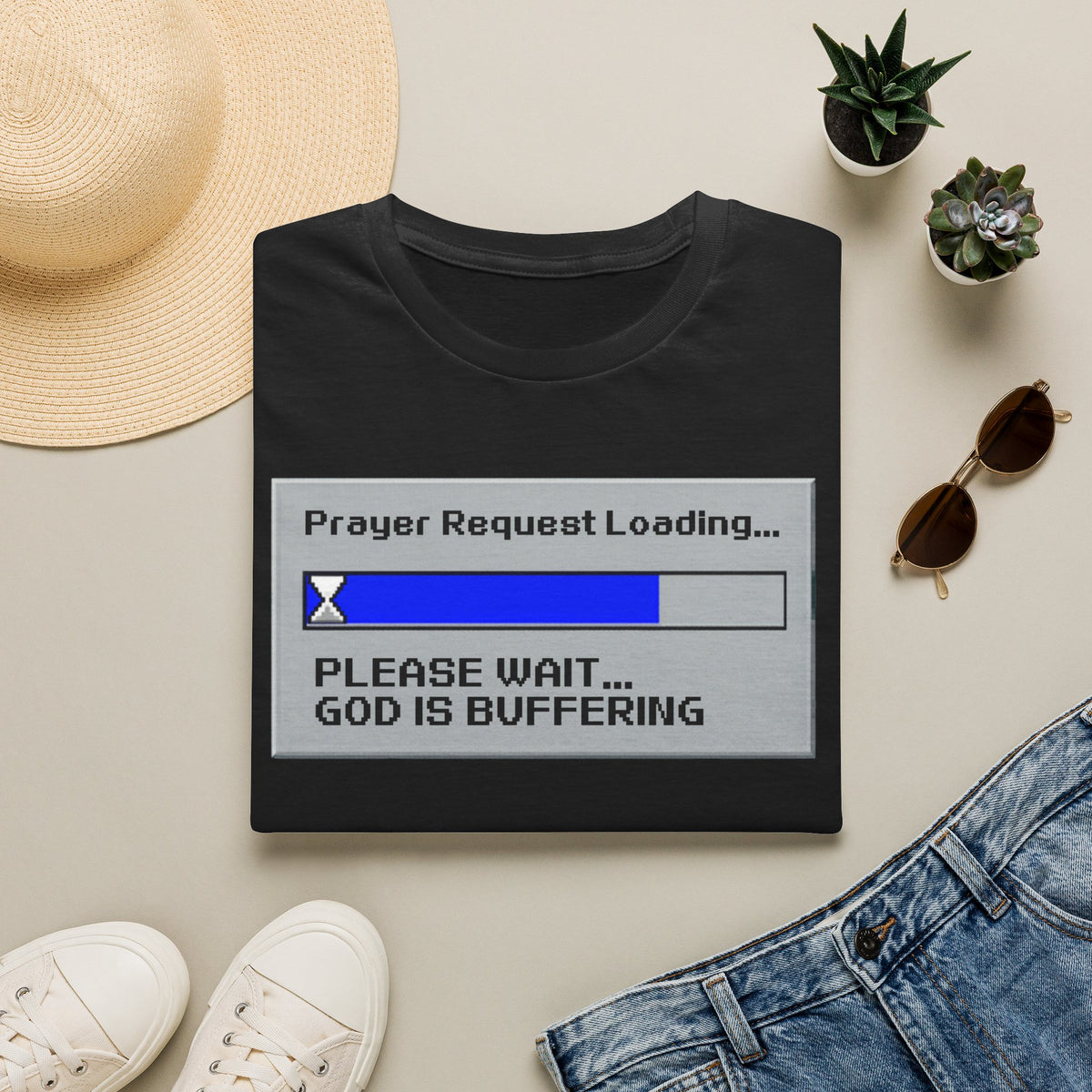 Prayer Request Loading T-Shirt — "Please Wait... God Is Buffering" Christian Graphic Tee