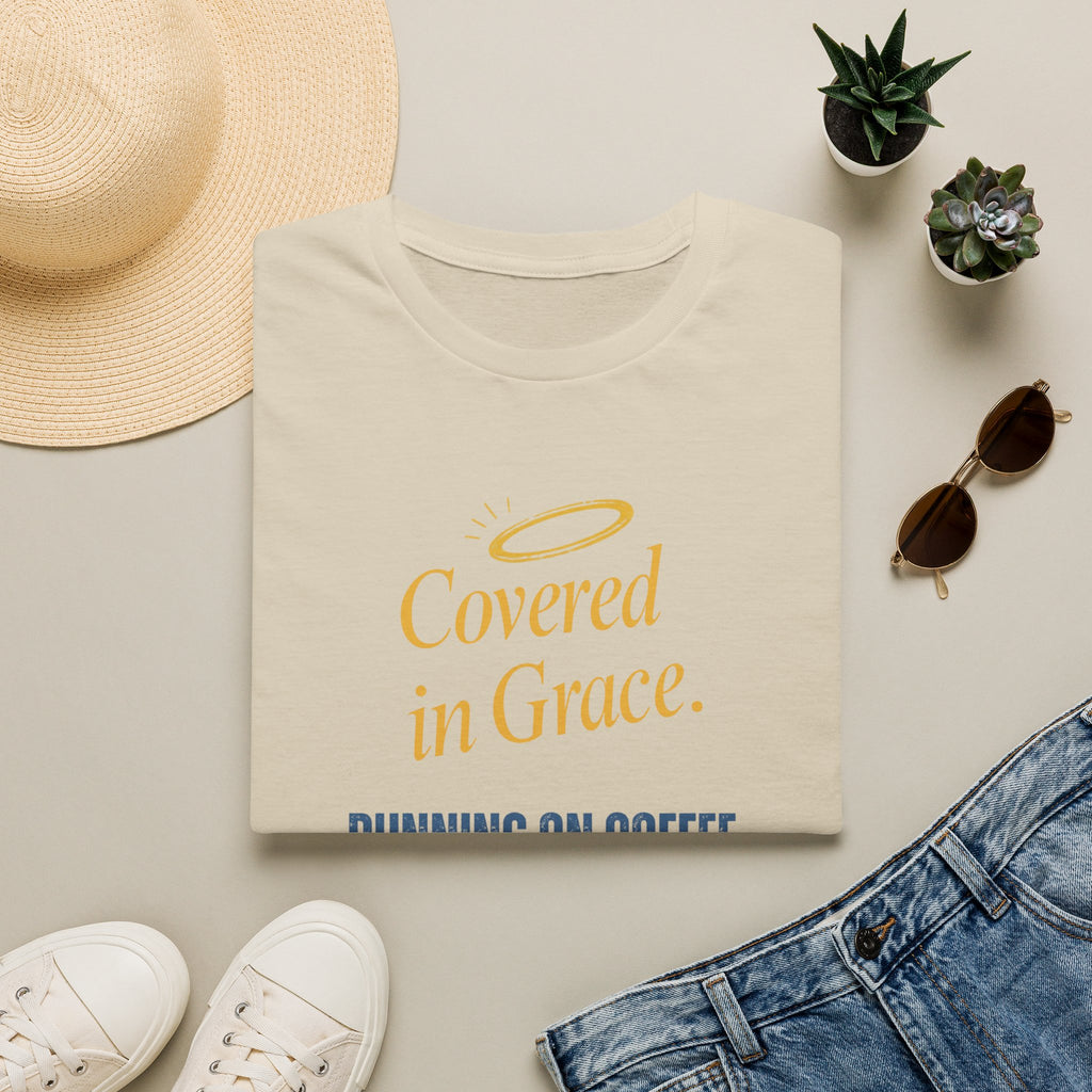 Covered in Grace T-Shirt — 'Running on Coffee, Slightly Unhinged but Saved' Christian Tee