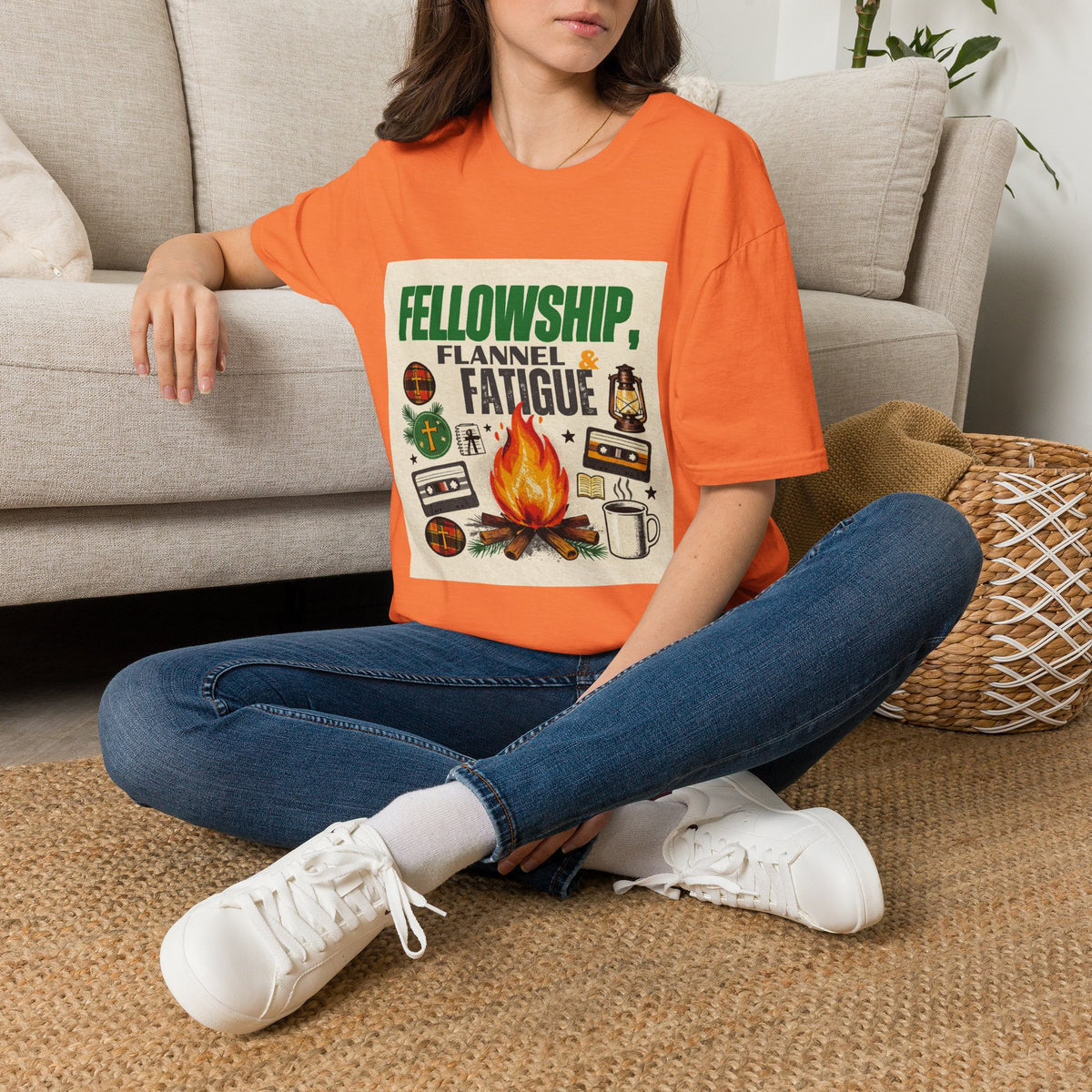 Fellowship Flannel & Fatigue T‑Shirt — Campfire Christian Retreat Tee