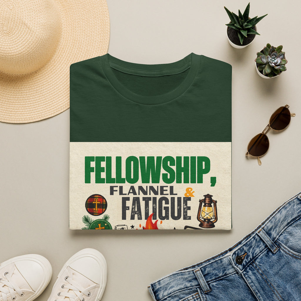 Fellowship Flannel & Fatigue T‑Shirt — Campfire Christian Retreat Tee