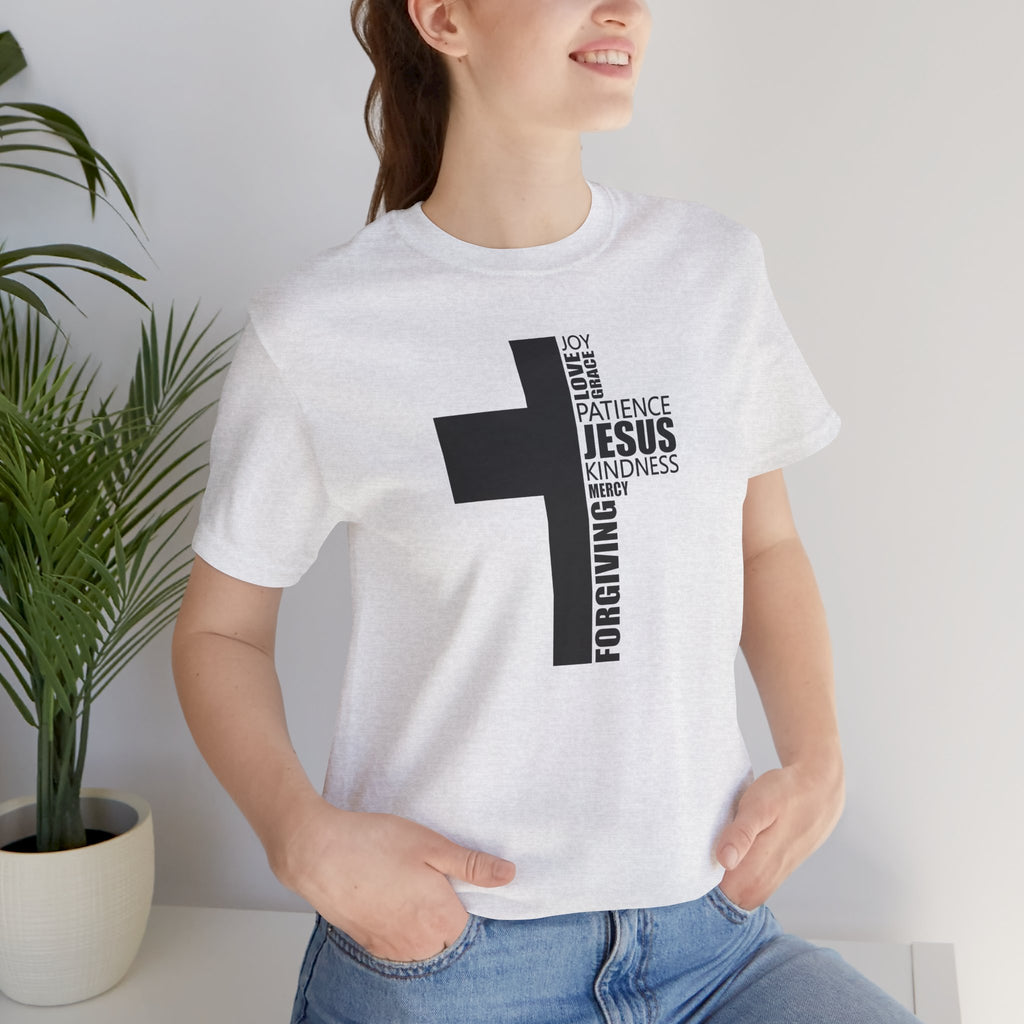 Christian Cross T-Shirt – 'Jesus, Forgiving, Love, Kindness' Word Cloud Tee