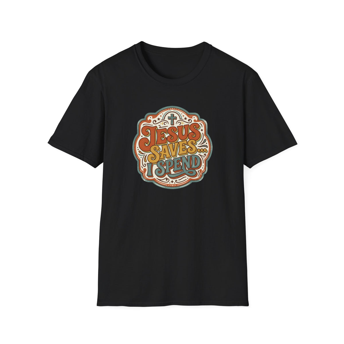 Christian T-Shirt — "Jesus Saves" Vintage Script Faith Tee