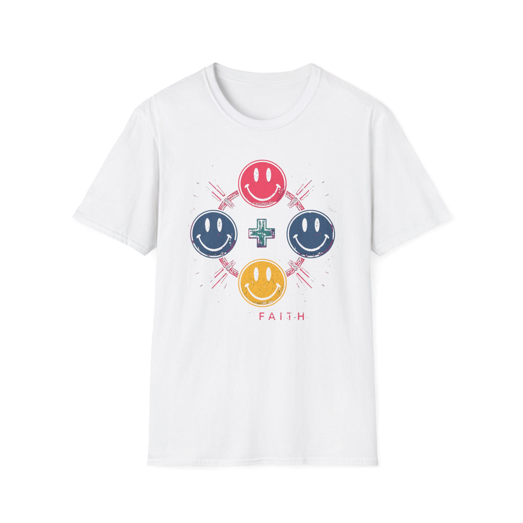 Faith Smiley Cross T-Shirt — Colorful Retro Smile Faces Graphic Tee