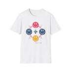 Faith Smiley Cross T-Shirt — Colorful Retro Smile Faces Graphic Tee