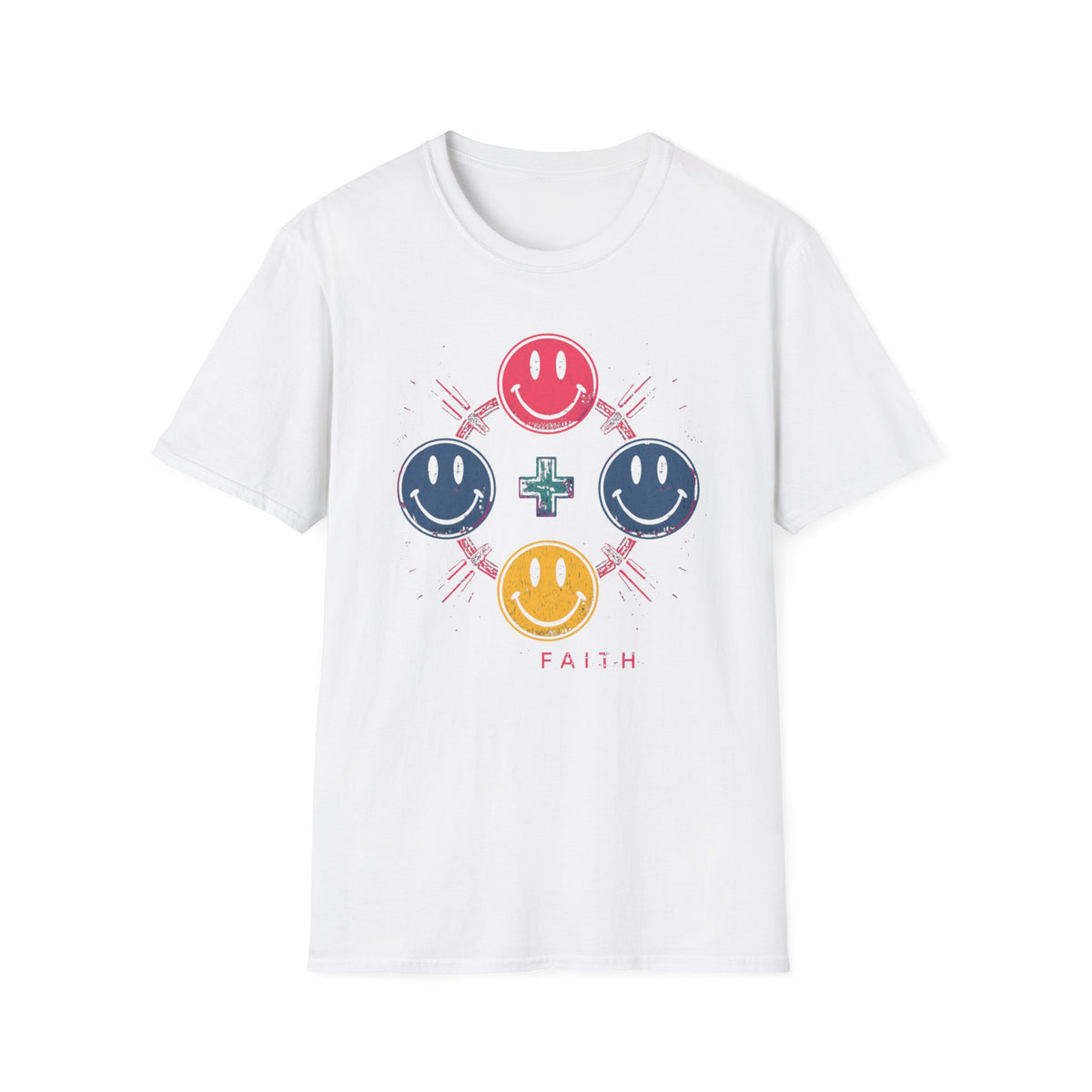 Faith Smiley Cross T-Shirt — Colorful Retro Smile Faces Graphic Tee