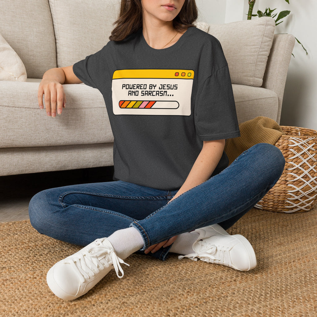 T-Shirt — "Powered by Jesus and Sarcasm" Graphic Tee