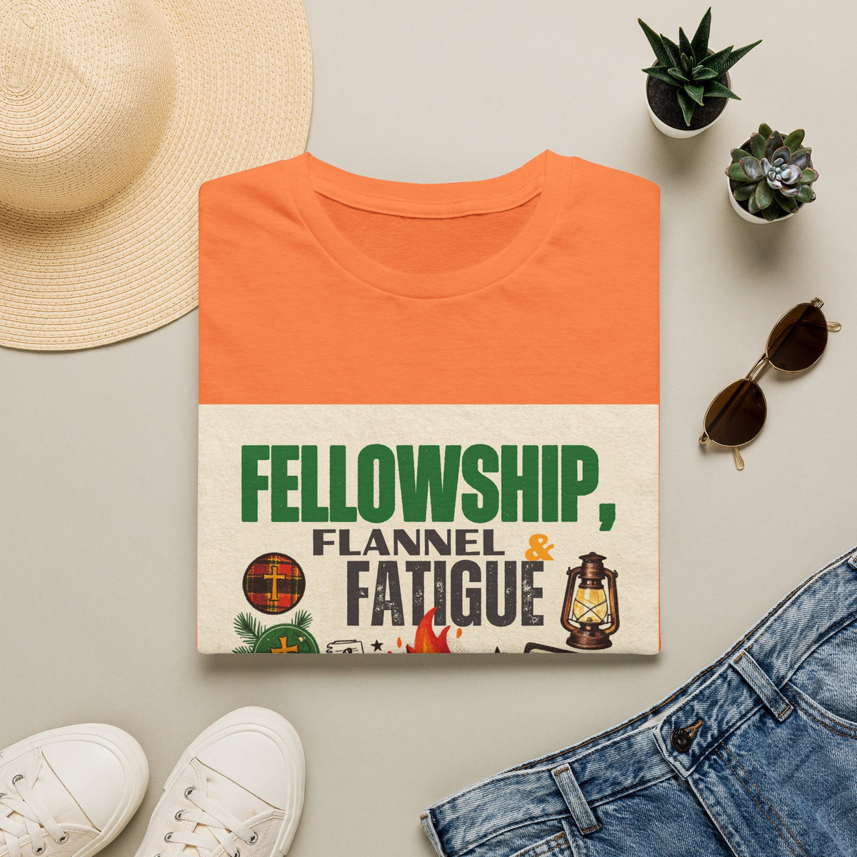 Fellowship Flannel & Fatigue T‑Shirt — Campfire Christian Retreat Tee