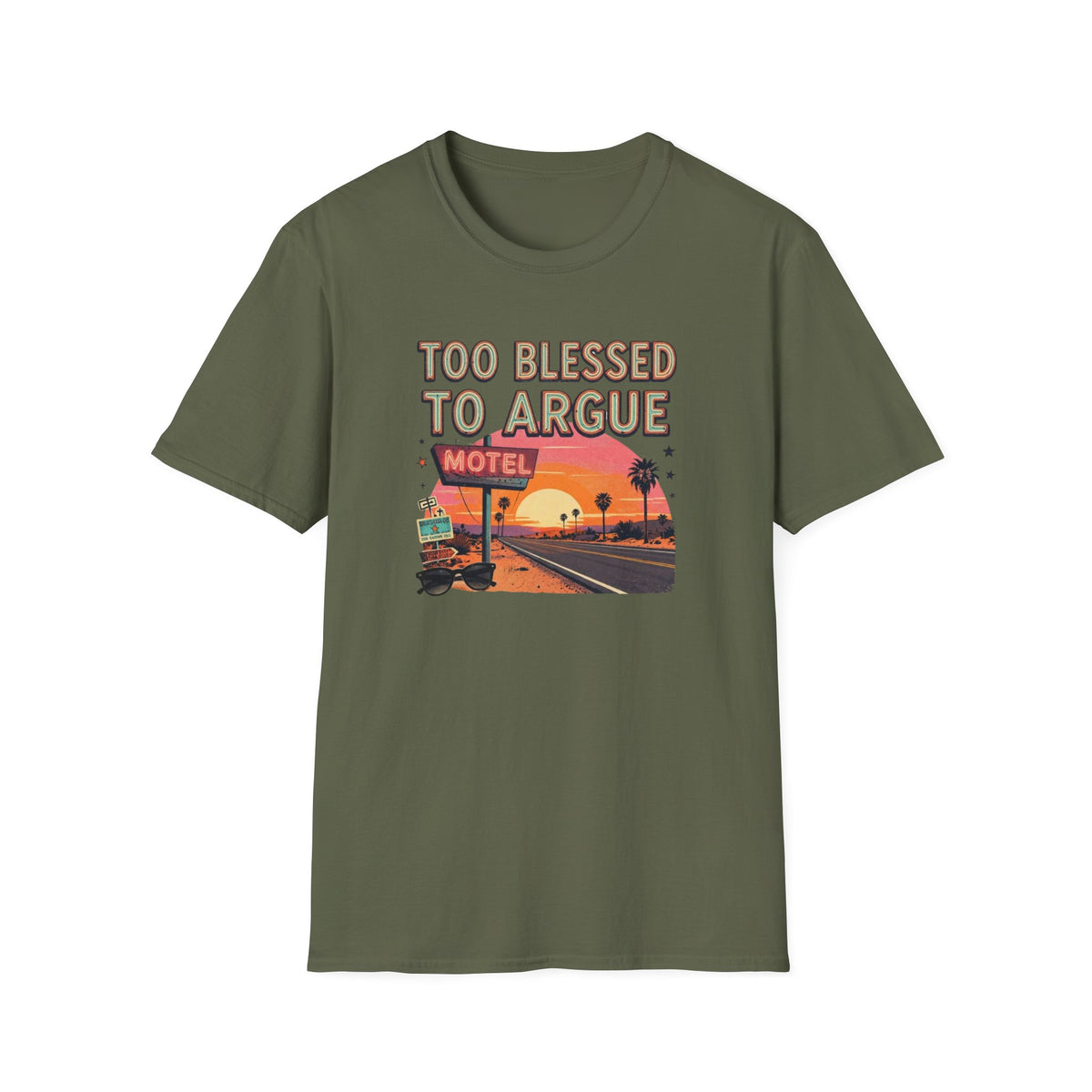 Too Blessed to Argue T-Shirt — Retro Sunset Motel Graphic