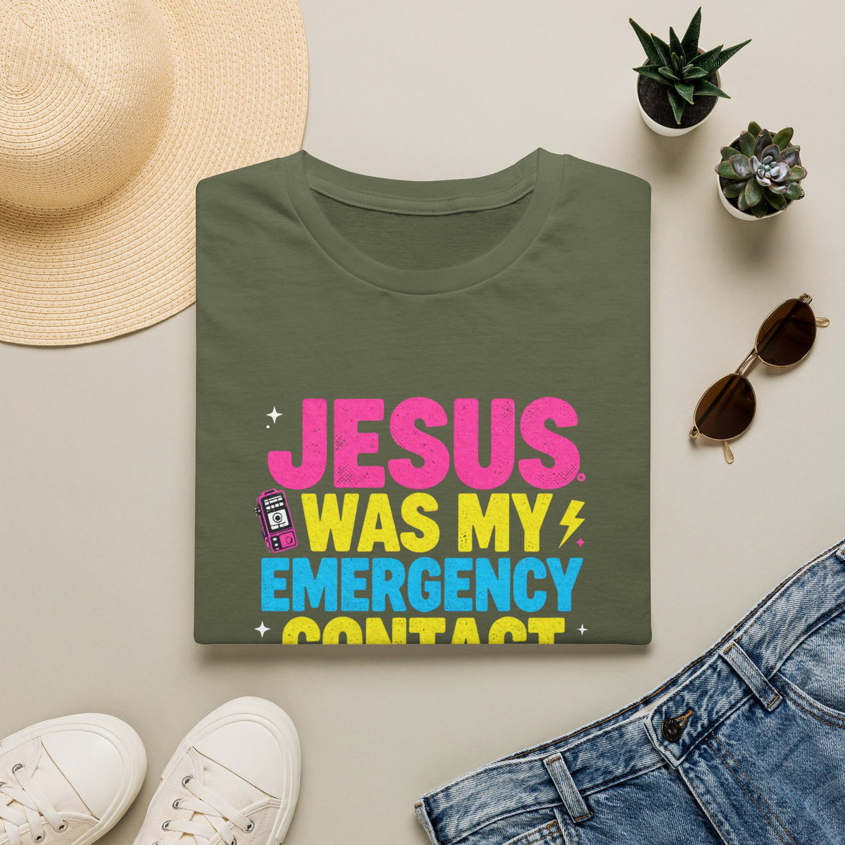 "Jesus Was My Emergency Contact Before It Was Cool" Christian Graphic Tee