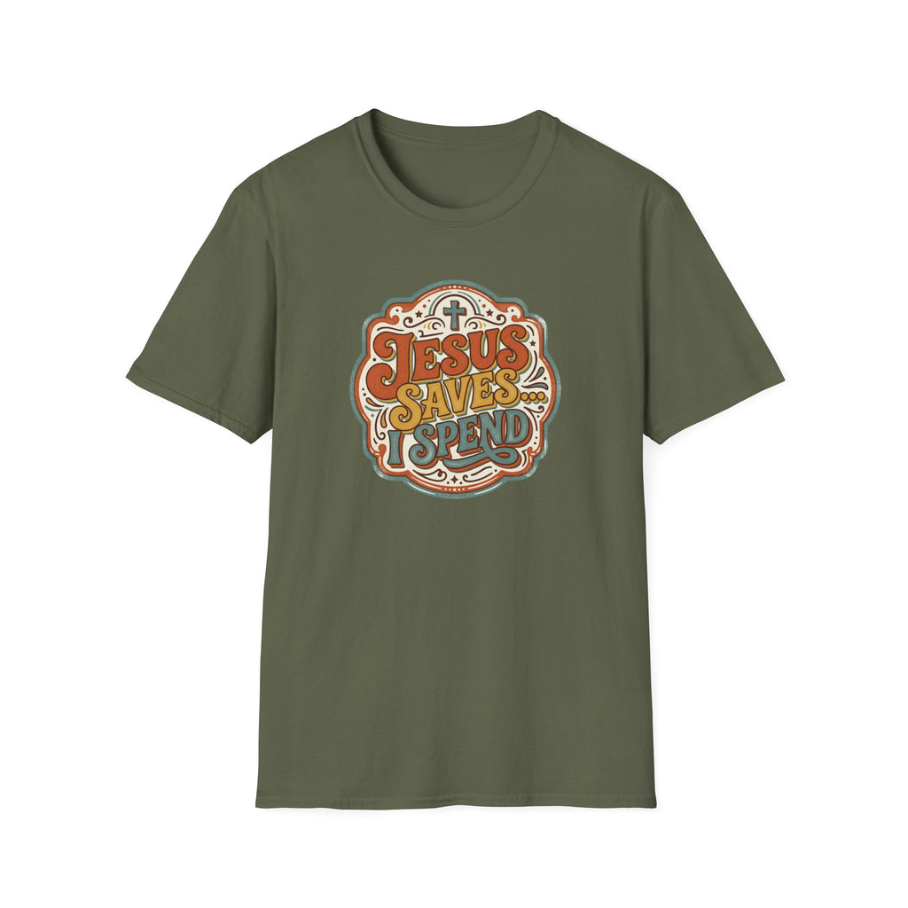 Christian T-Shirt — "Jesus Saves" Vintage Script Faith Tee