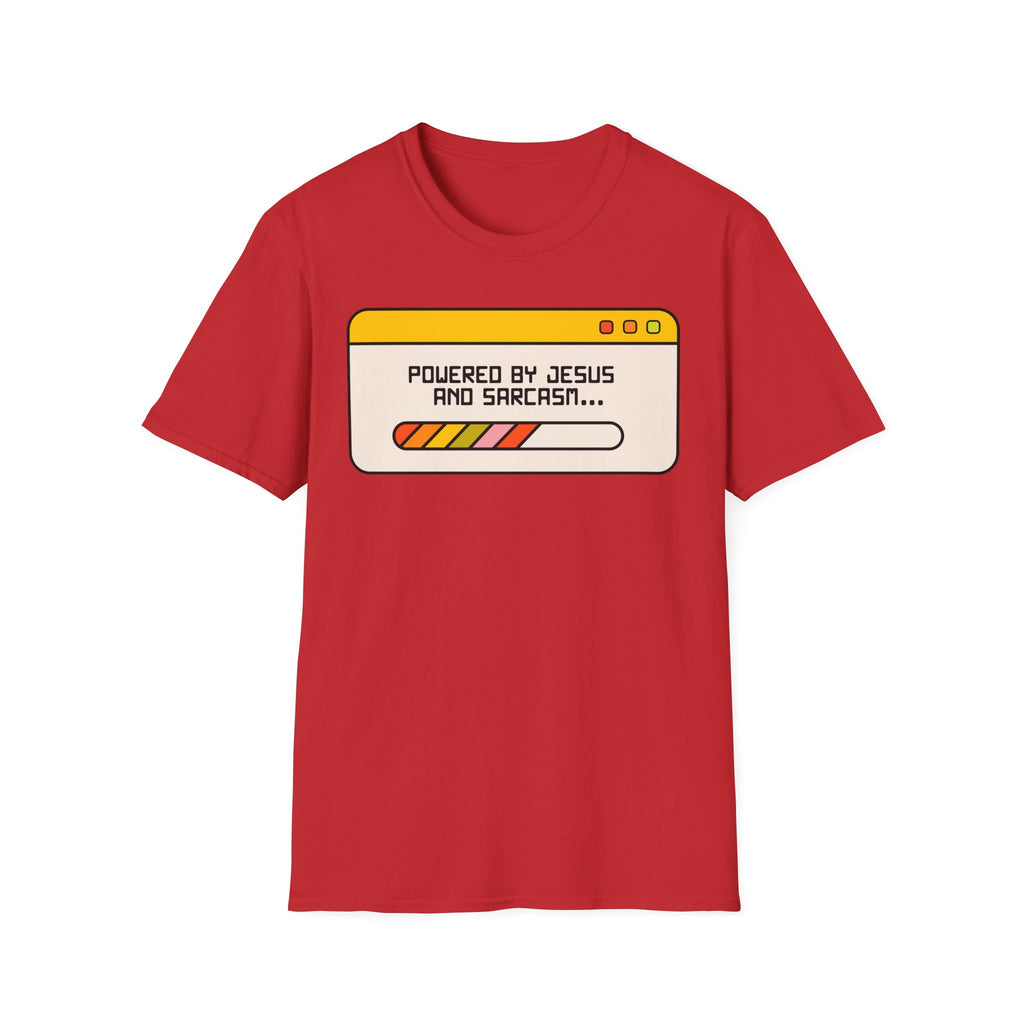 T-Shirt — "Powered by Jesus and Sarcasm" Graphic Tee