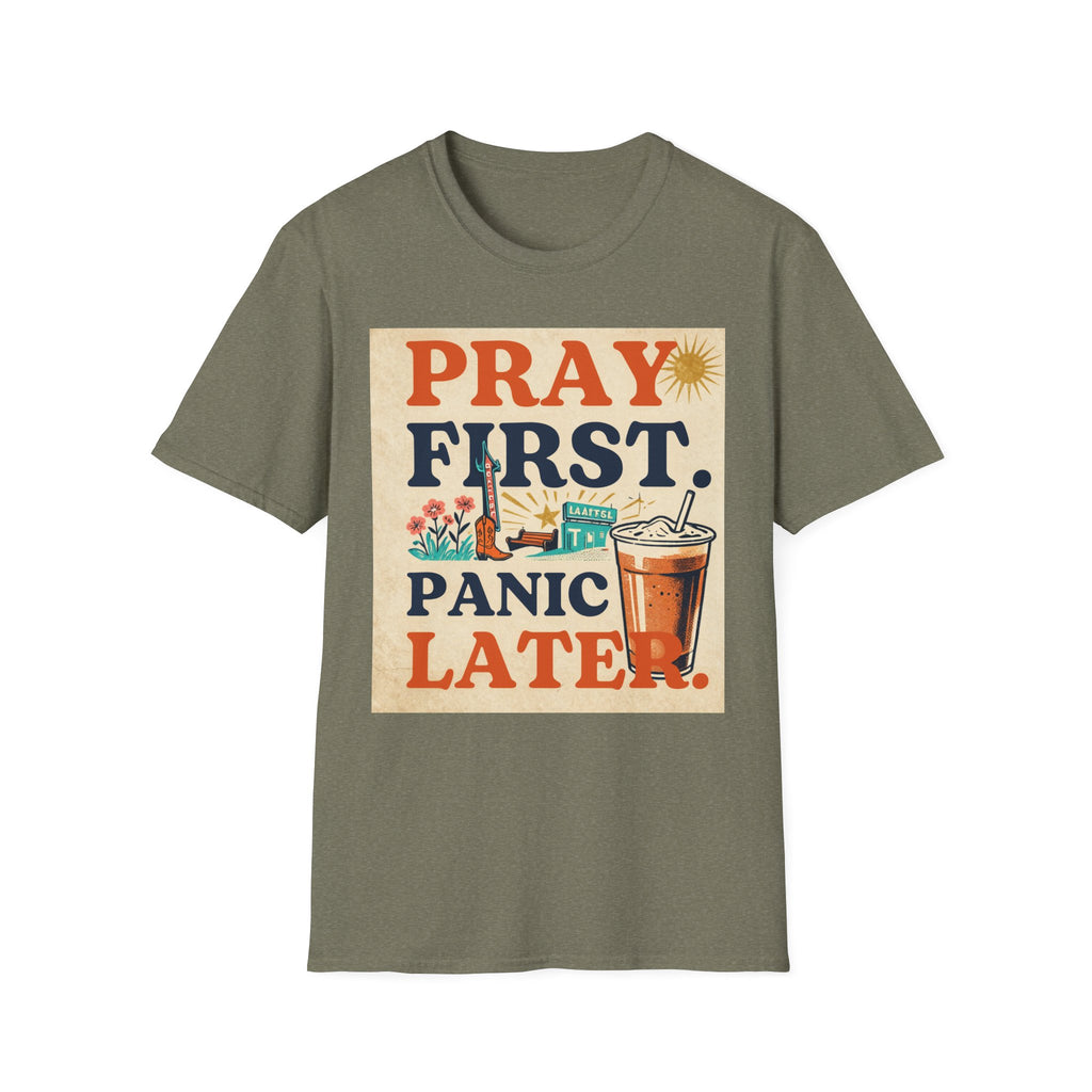 Pray First, Panic Later T-Shirt — Vintage Faith Graphic Tee