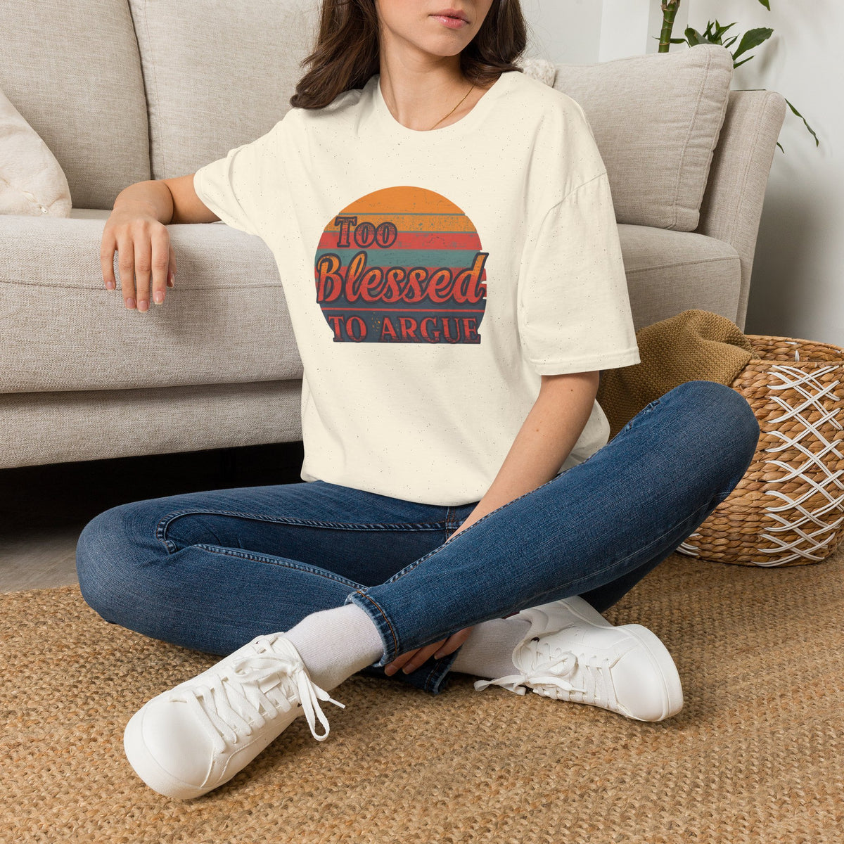Too Blessed To Argue T-Shirt — Retro Sunset Faith Graphic Tee