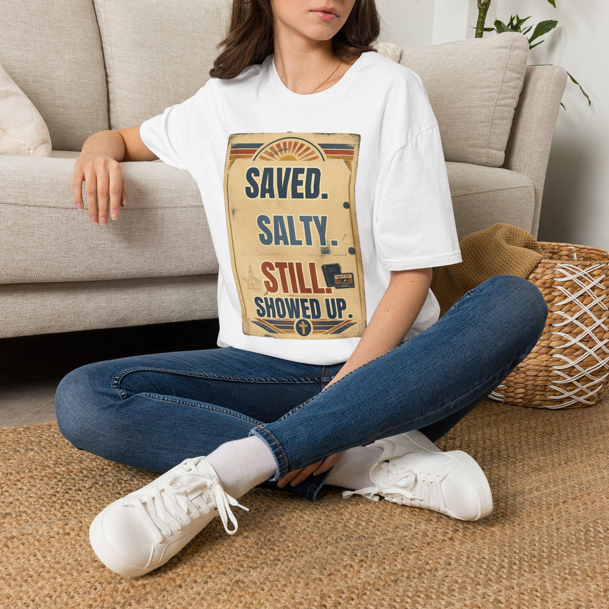 Saved. Salty. Still Showed Up. T-Shirt — Vintage Surf Faith Graphic Tee