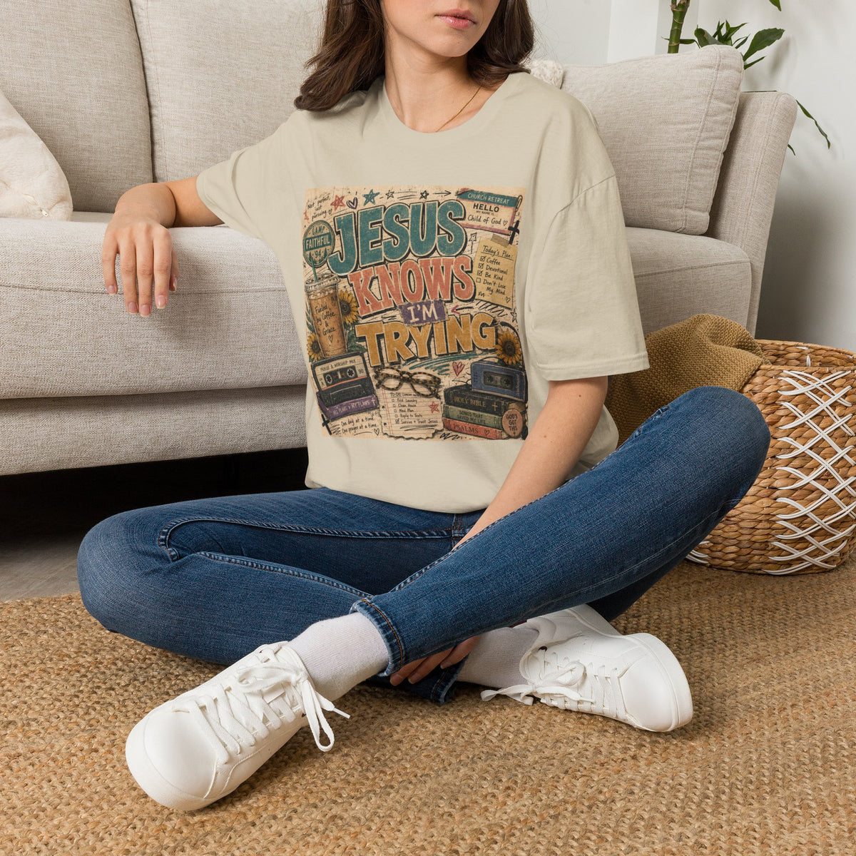 Jesus Knows I’m Trying T-Shirt — Christian Faith Graphic Tee
