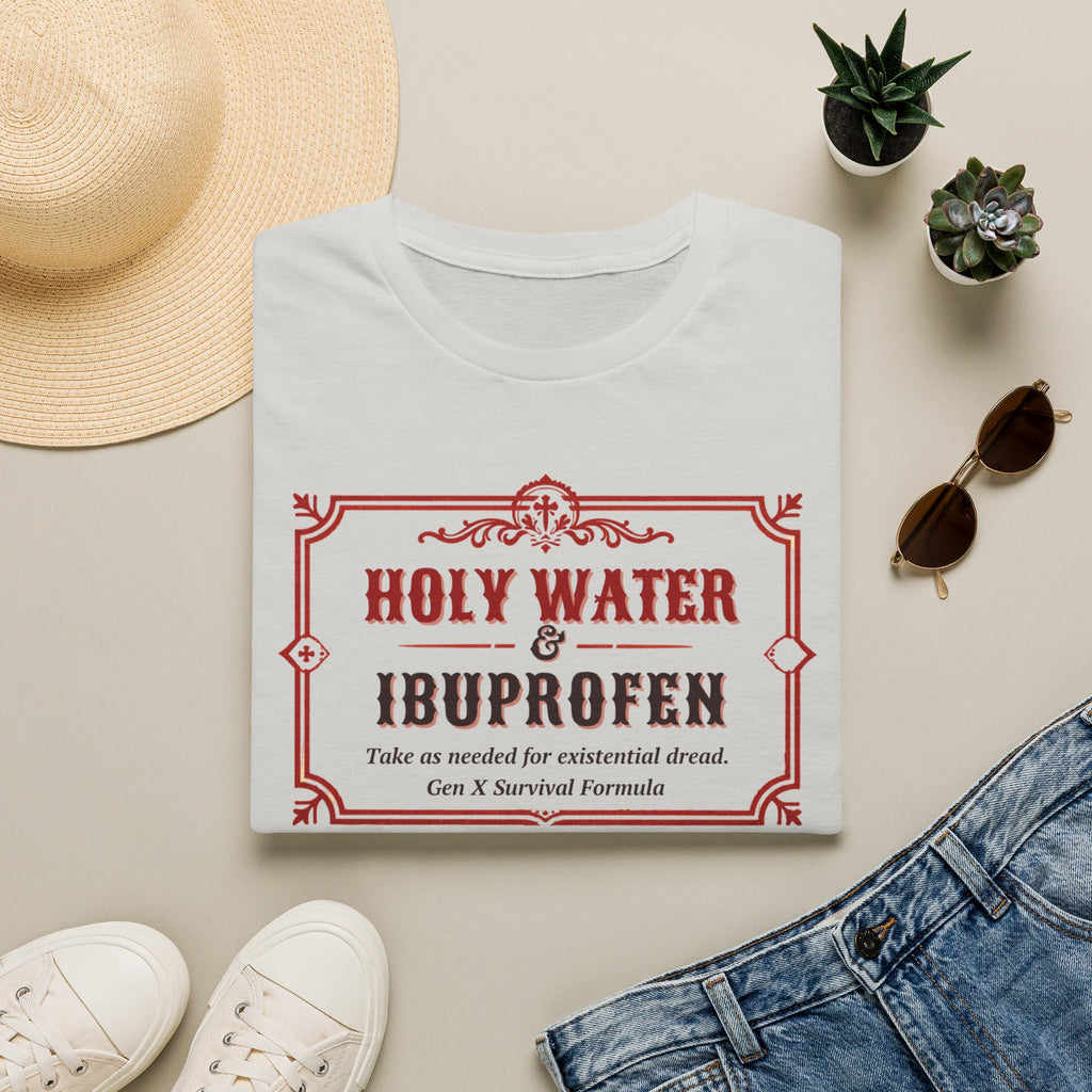 Holy Water & Ibuprofen T-Shirt — Funny Gen X Survival Tee