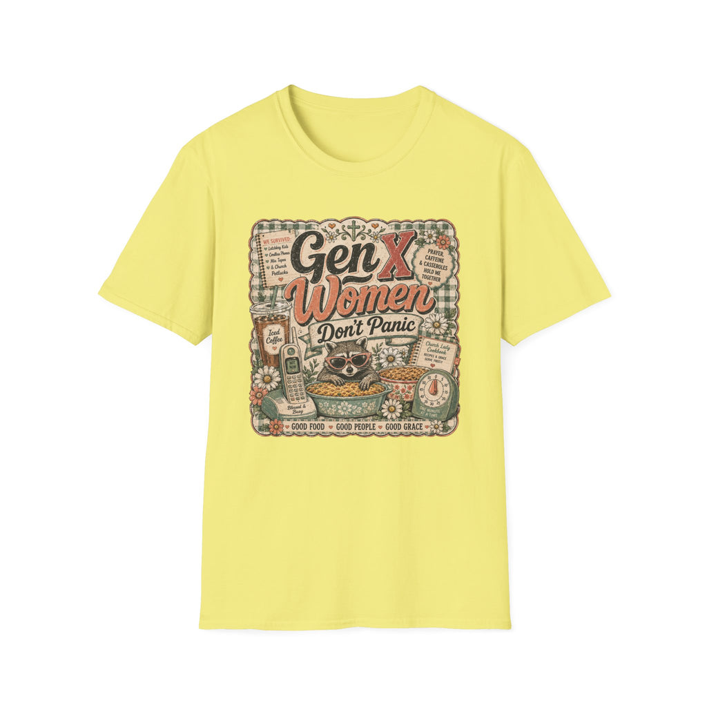 Gen X Women Don't Panic T-Shirt — Retro Raccoon Vintage Graphic Tee