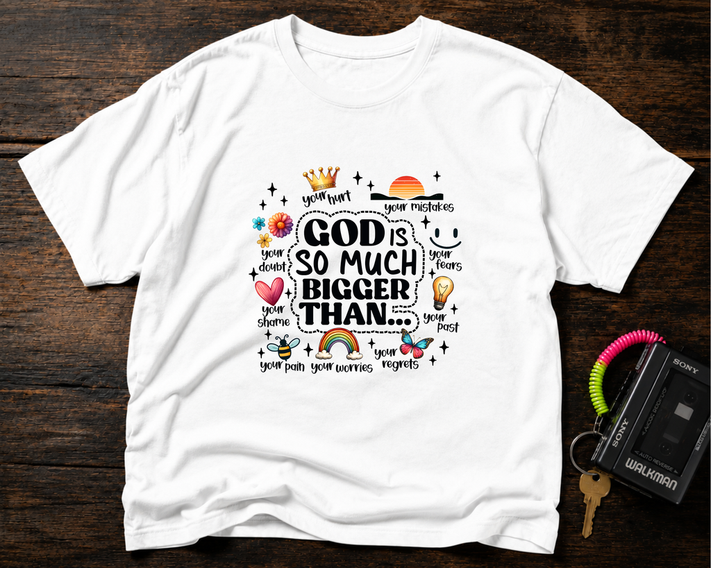 God Is So Much Bigger Than… T‑Shirt — Inspirational Christian Faith Tee with Cute Icons