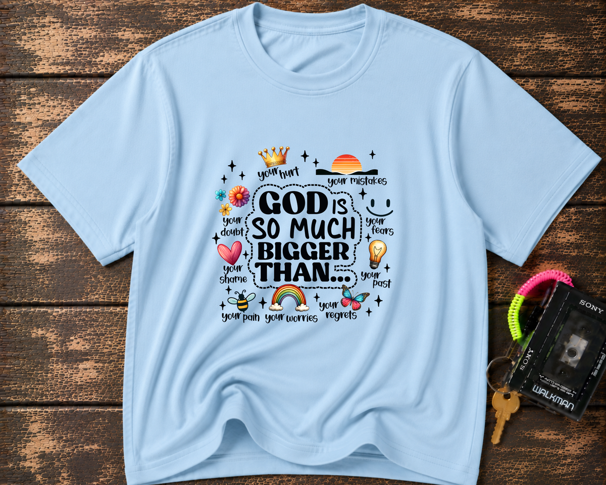 God Is So Much Bigger Than… T‑Shirt — Inspirational Christian Faith Tee with Cute Icons