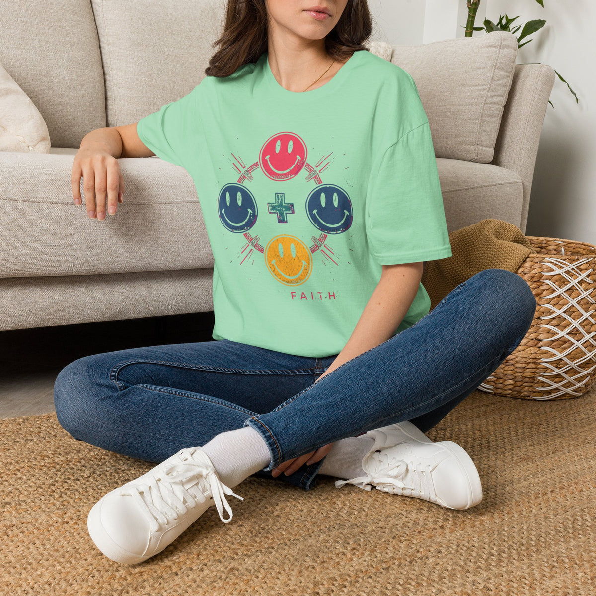 Faith Smiley Cross T-Shirt — Colorful Retro Smile Faces Graphic Tee