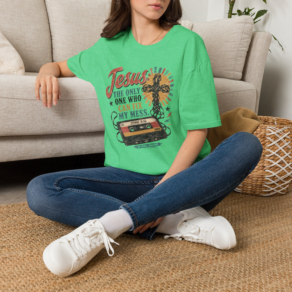 Jesus Is The Only One Who Can Fix My Mess T-Shirt — Christian Vintage Cassette Graphic Tee