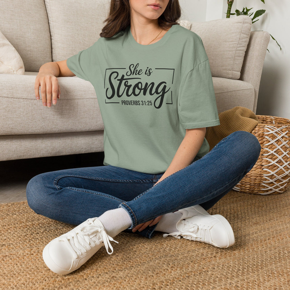 She Is Strong T-Shirt — Proverbs 31:25 Inspirational Christian Tee