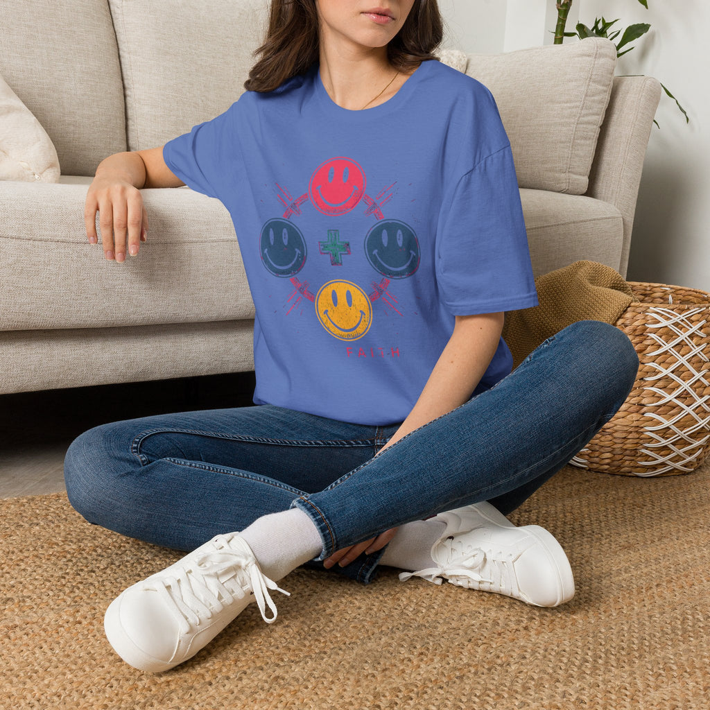 Faith Smiley Cross T-Shirt — Colorful Retro Smile Faces Graphic Tee
