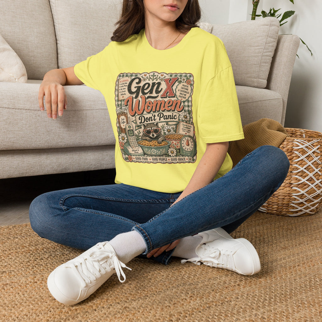 Gen X Women Don't Panic T-Shirt — Retro Raccoon Vintage Graphic Tee