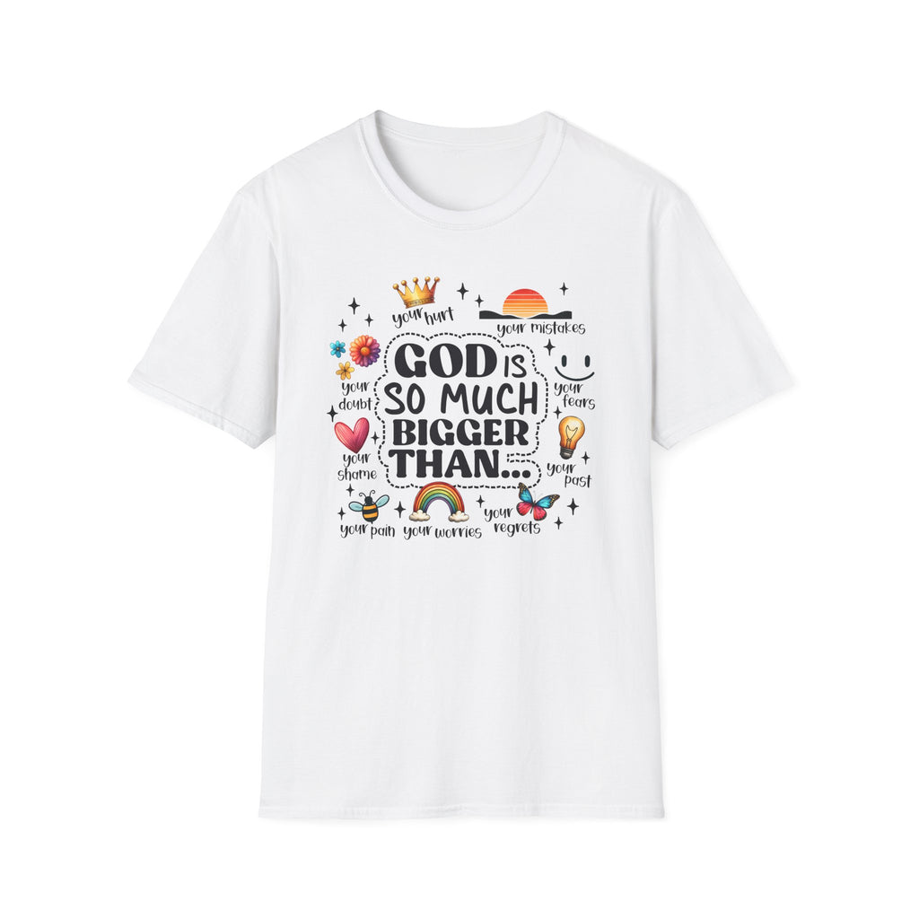 God Is So Much Bigger Than… T‑Shirt — Inspirational Christian Faith Tee with Cute Icons