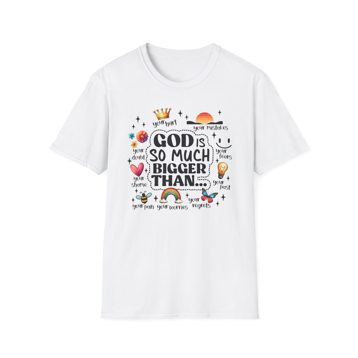 God Is So Much Bigger Than… T‑Shirt — Inspirational Christian Faith Tee with Cute Icons
