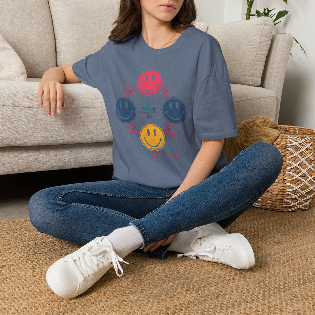 Faith Smiley Cross T-Shirt — Colorful Retro Smile Faces Graphic Tee
