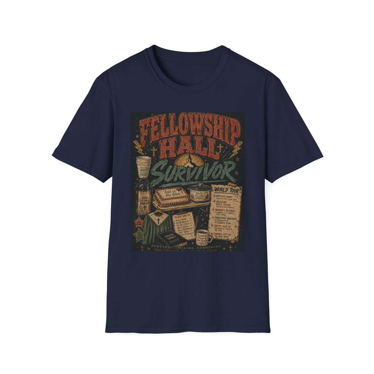 Fellowship Hall Survivor | Funny Church Life Graphic T-Shirt