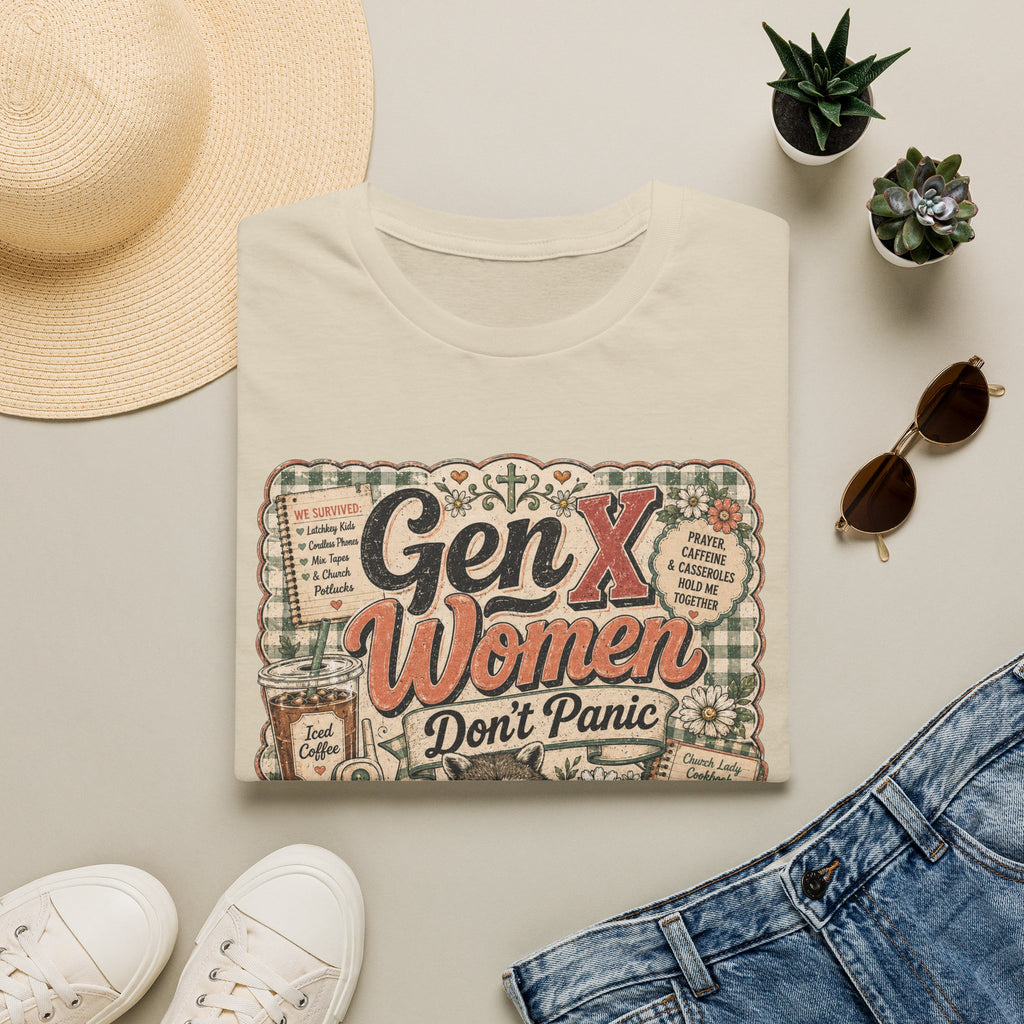 Gen X Women Don't Panic T-Shirt — Retro Raccoon Vintage Graphic Tee