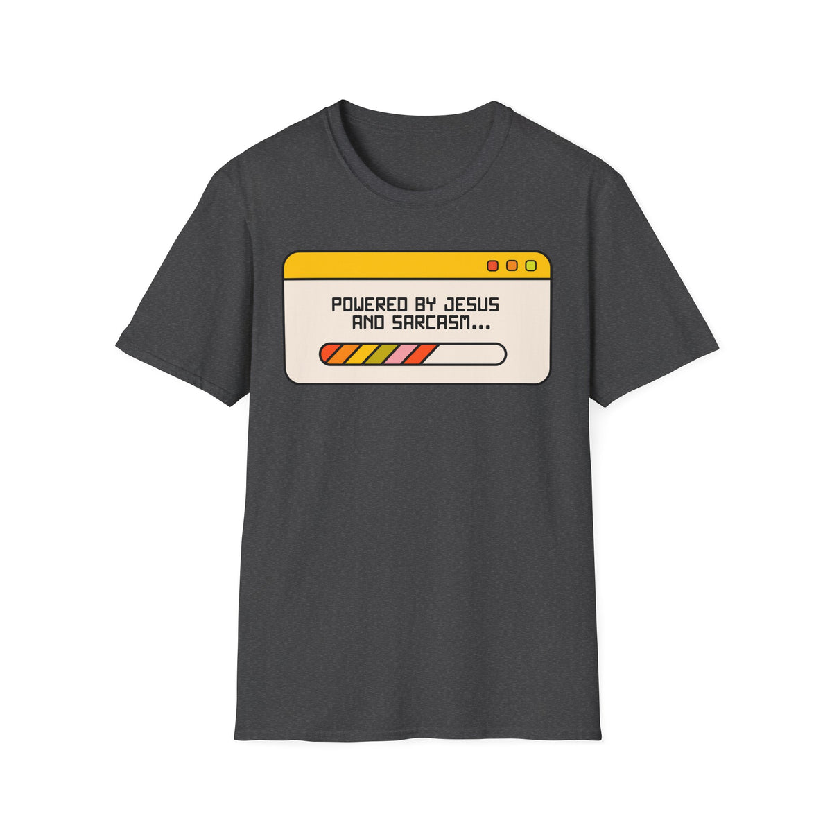 T-Shirt — "Powered by Jesus and Sarcasm" Graphic Tee