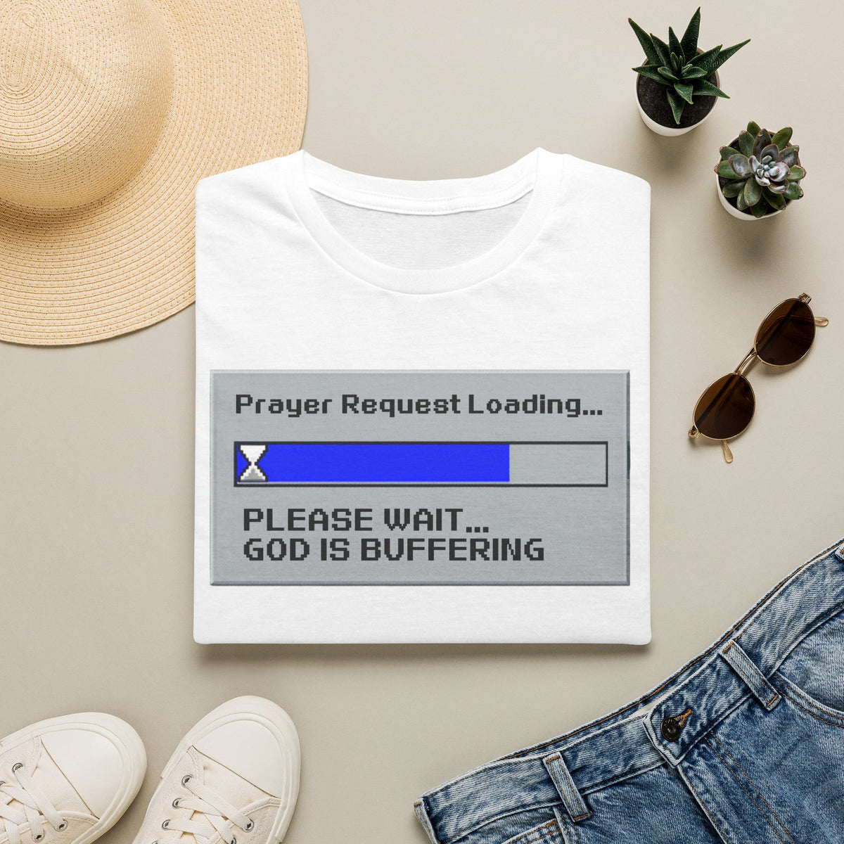 Prayer Request Loading T-Shirt — "Please Wait... God Is Buffering" Christian Graphic Tee