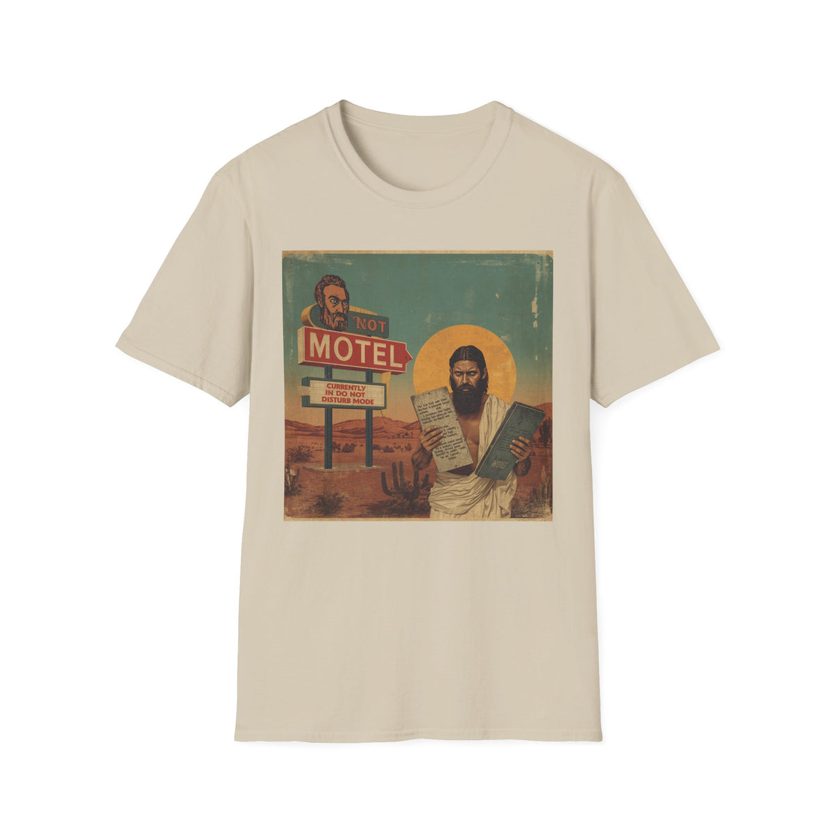 Desert Motel Graphic T‑Shirt — Vintage Roadside Jesus Art Tee