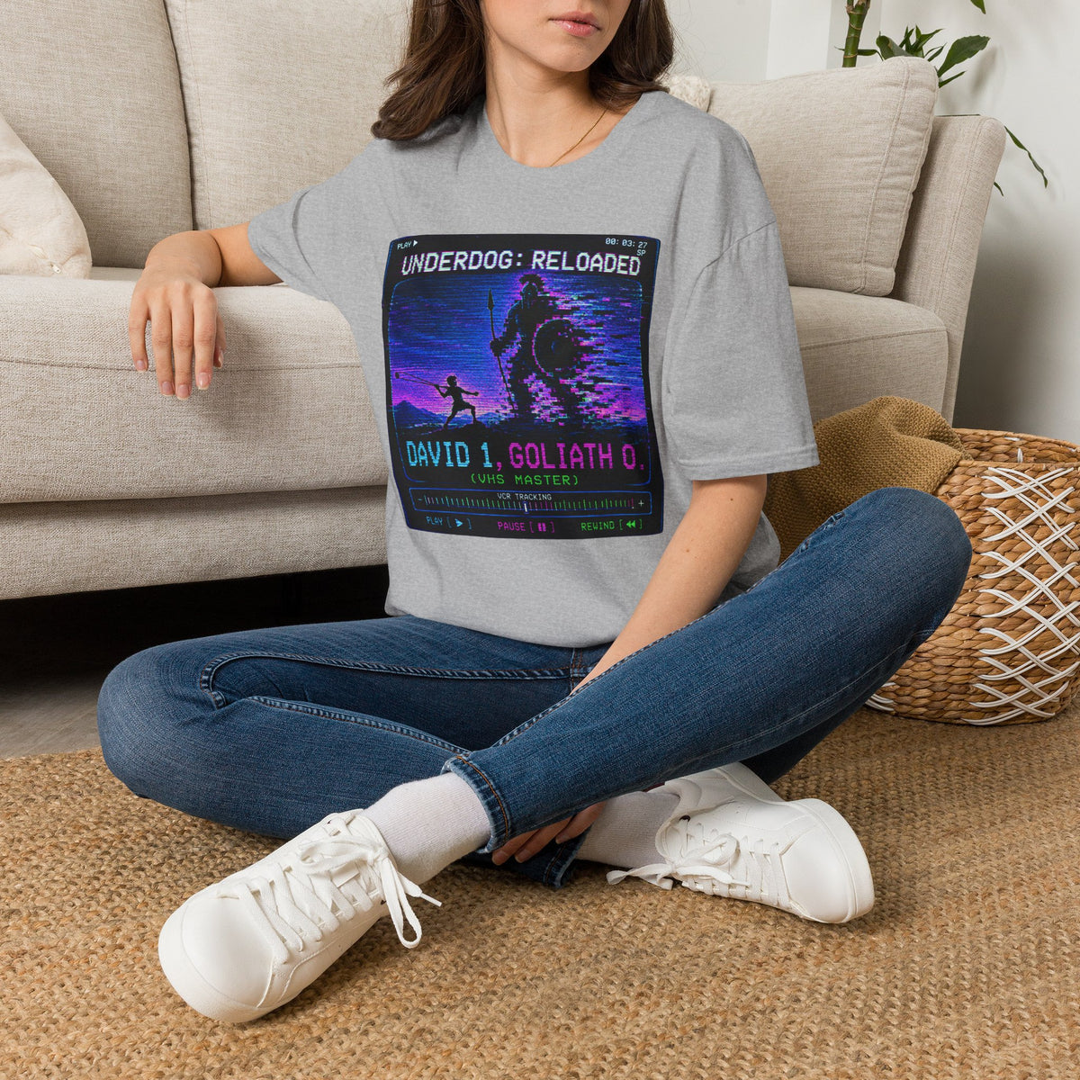 David vs Goliath Retro T-Shirt — "Underdog: Reloaded" Neon Graphic Tee