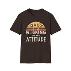 Christian T-Shirt — "God’s Still Working on My Attitude" Retro Sun Graphic
