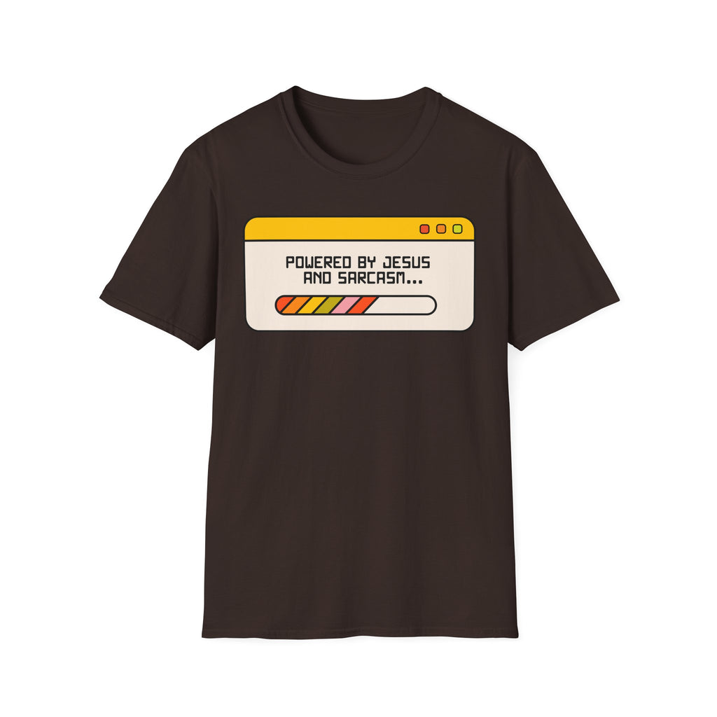 T-Shirt — "Powered by Jesus and Sarcasm" Graphic Tee