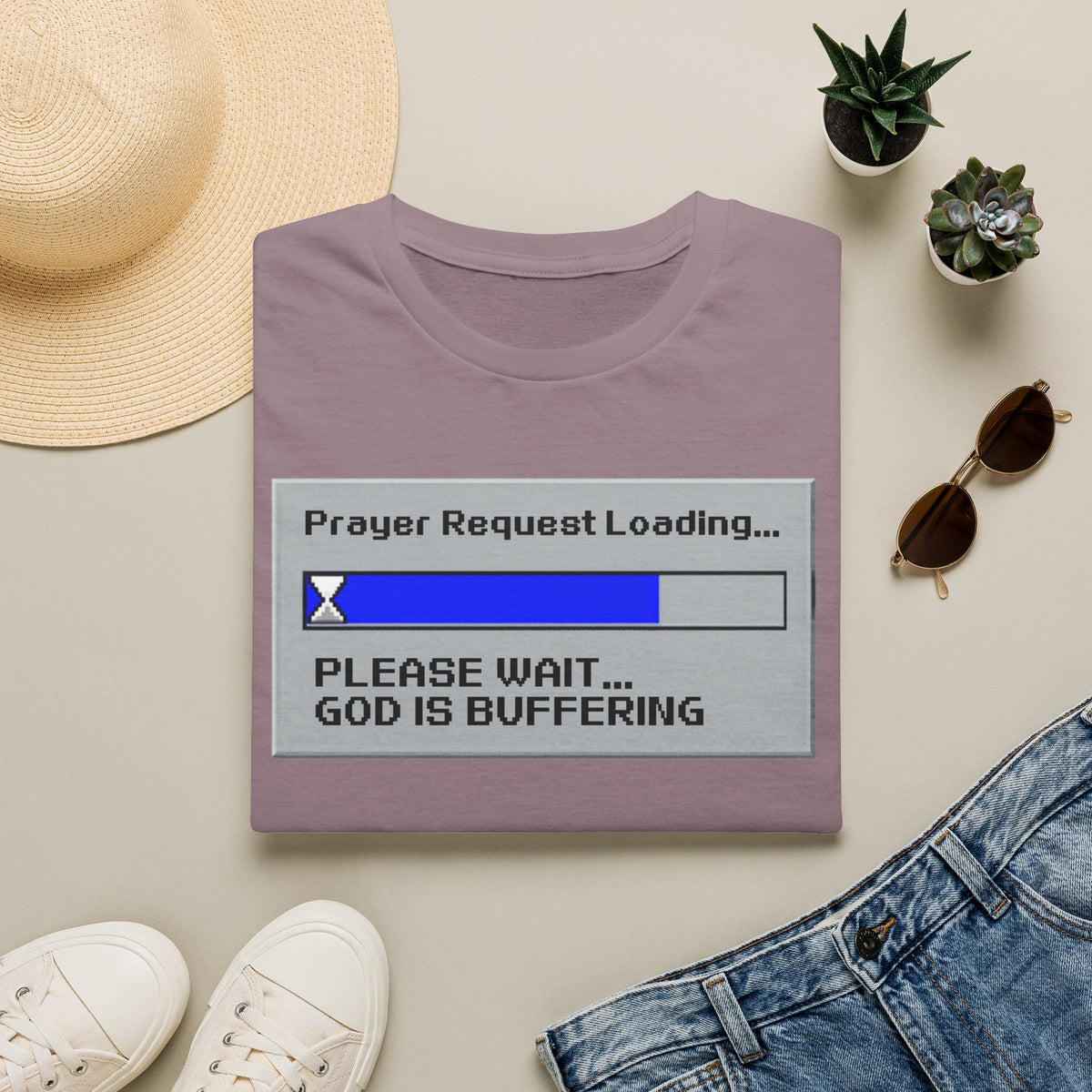 Prayer Request Loading T-Shirt — "Please Wait... God Is Buffering" Christian Graphic Tee