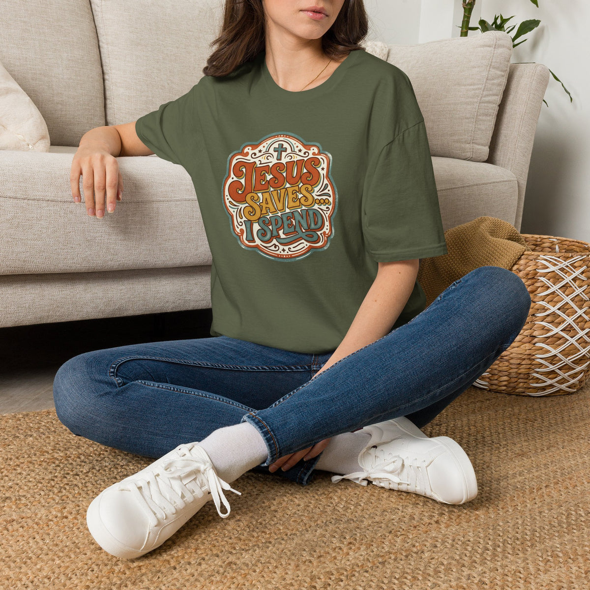 Christian T-Shirt — "Jesus Saves" Vintage Script Faith Tee