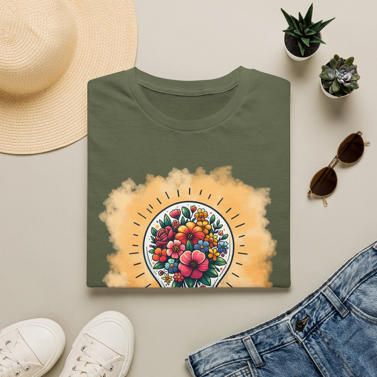 Be The Light Graphic T-Shirt — Floral Lightbulb Inspirational Tee