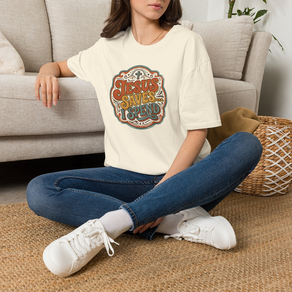 Christian T-Shirt — "Jesus Saves" Vintage Script Faith Tee